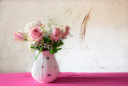 pink-and-yellow roses in white ceramic vase thumbnail
