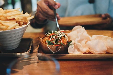 fries, vegetable, and dumplings on tabletop thumbnail