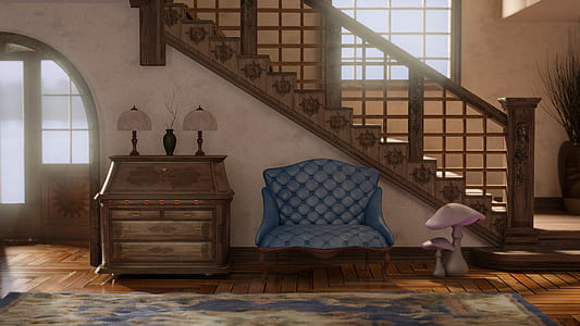 tufted blue armchair beside drawer ches thumbnail