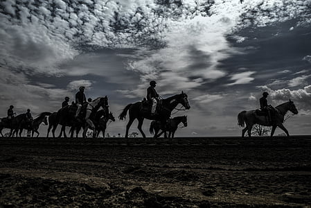 silhouette photography of group of person riding on horse thumbnail