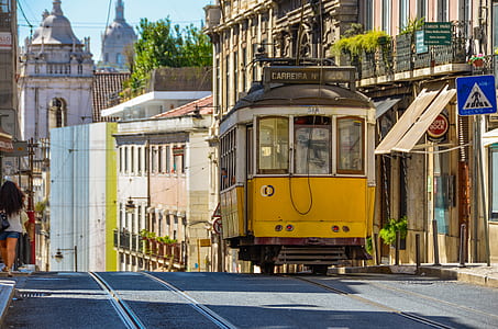 yellow and white city tram beside buildings thumbnail