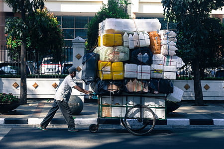 man pushing green cart on road thumbnail