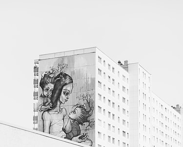 concrete building with woman and child artwork sketch thumbnail