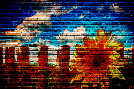 concrete brick wall with sunflower and buildings paint thumbnail