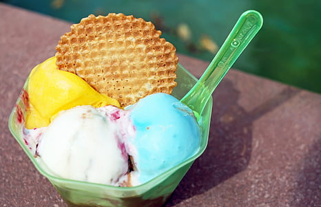 green plastic bowl with ice cream and chips thumbnail