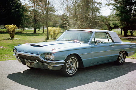 blue coupe parking near trees at daytime thumbnail