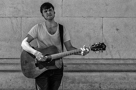 A busker plays the guitar in Greenwich Village, New York City. Image captured with a Canon 5D DSLR thumbnail