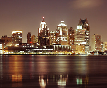 Detroit skyline with night lights in Michigan thumbnail