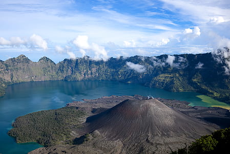 bird's eye photography of volcano neat water thumbnail