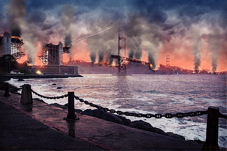 city buildings on fire beside ocean water illustration thumbnail