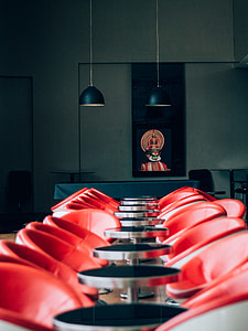 red bar stools with round tables thumbnail