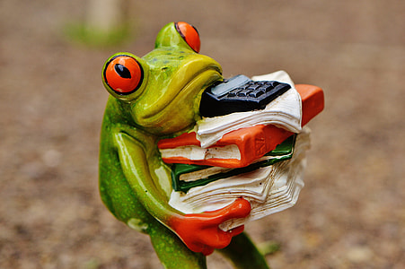 close up photo of green frog carrying books and calculator ceramic figurine thumbnail