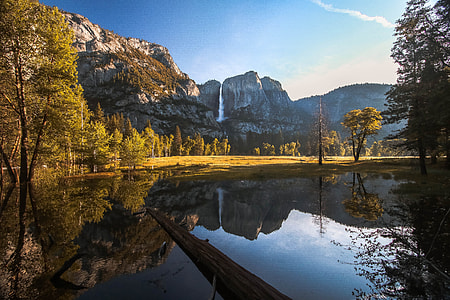 wood log on lake near tall trees and high rise mountain thumbnail