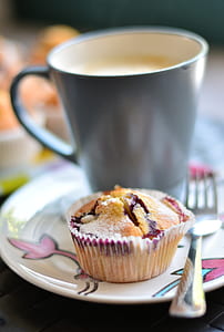 muffin between mug and fork on plate thumbnail