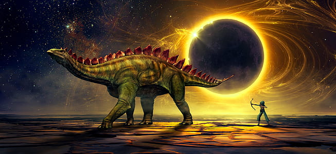 person pointing arrow in front of dinosaur during total solar eclipse digital wallpaper thumbnail