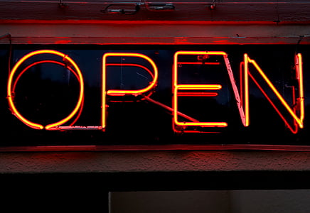 yellow and red Open LED signage mounted on wall thumbnail