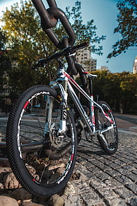 Low Angled Photo of Black Red and White Hardtail Bike thumbnail