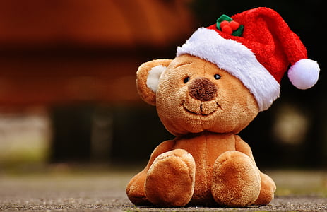 selective focus photo of brown bear plush toy wearing red and white Santa hat over concrete ground thumbnail