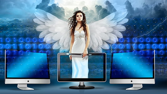 woman in white dress holding on flat screen monitor thumbnail