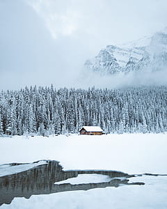 body of water near brown house beside trees near mountain range thumbnail