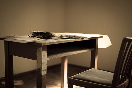 rectangular brown wooden desk and chair thumbnail