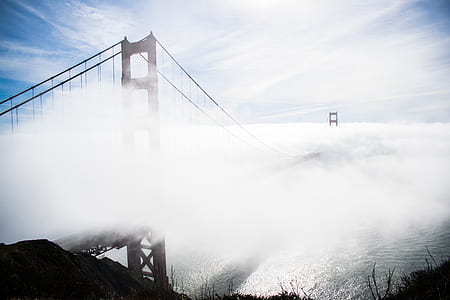photo of suspension bridge surrounded by fogs during daytime thumbnail