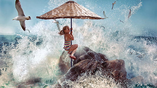 photo of woman holding patio umbrella with sea wave and flying sea birds thumbnail