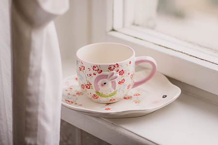 White and Pink Rabbit Themed Ceramic Cup and Saucer thumbnail