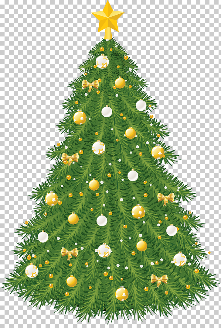 Christmas tree Christmas ornament , Large Transparent Christmas Tree with Gold and White Ornaments, green and yellow Christmas tree illustration PNG clipart