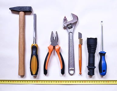seven assorted hand tools with yellow tape measure bottom thumbnail