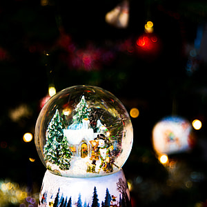 white Christmas house with snow globe thumbnail