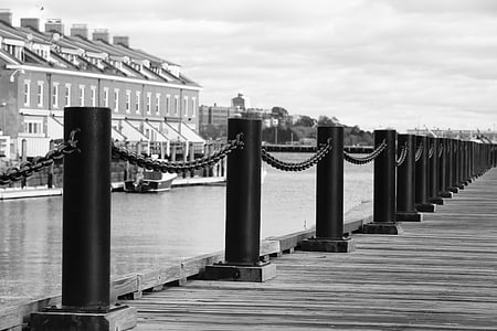 grayscale photography of wooden dock near body of water thumbnail