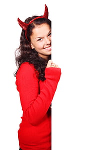 smiling woman wearing red devil Alice band thumbnail