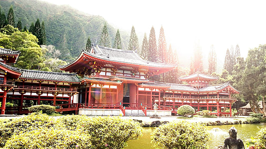 red and green pagoda temple surrounded by trees near pond thumbnail