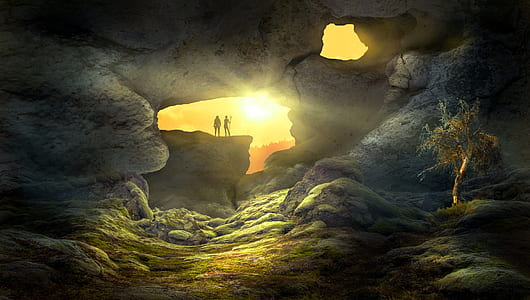 silhouette of two men on rock during golden hour digital illustration thumbnail