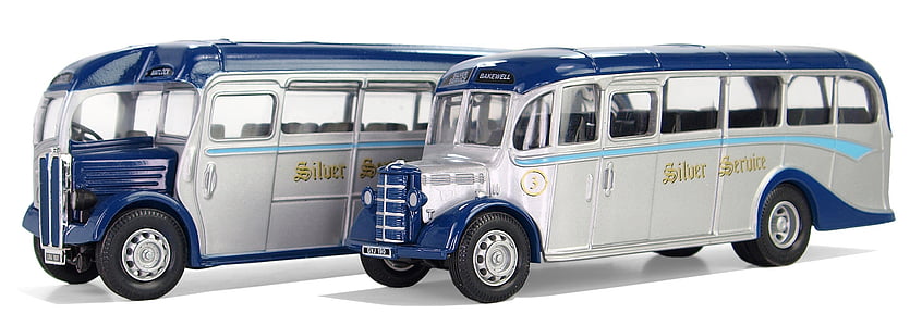 two blue-and-white coach bus die-cast models thumbnail