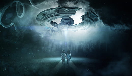 boy and girl walking towards unidentified flying object digital wallpaper thumbnail