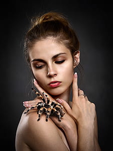 topless woman handling Brachypelma hamorii inside room thumbnail