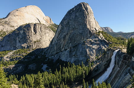 landscape photography of waterfalls near mountains thumbnail