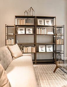 Brown Wooden Shelf and Beige Fabric Sofa thumbnail