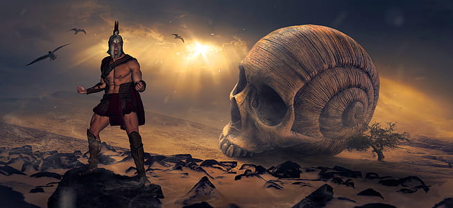 man standing on black stone near giant snail skull digital wallaper thumbnail