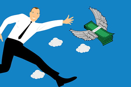 Illustration of business man chasing money and profit, which flies away on wings. thumbnail