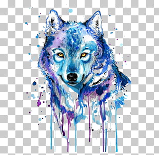 Gray wolf Tattoo Watercolor painting Drawing, Abstract wolf, blue and purple wolf painting PNG clipart