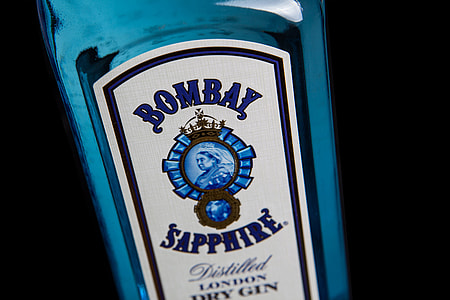 Close-up shot of a blue bottle of Bombay Sapphire gin, image captured with a Canon 5D DSLR thumbnail