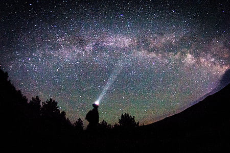 silhouette of person pointing flashlight on starry sky during nighttime thumbnail