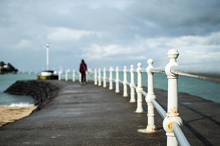 person walking on black path near sea shore thumbnail