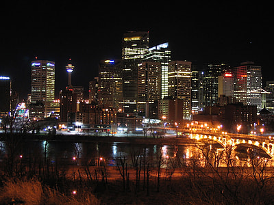 Lighted up Skyline at night in Calgary, Alberta, Canada thumbnail