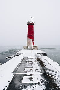 red lighthouse with snow thumbnail