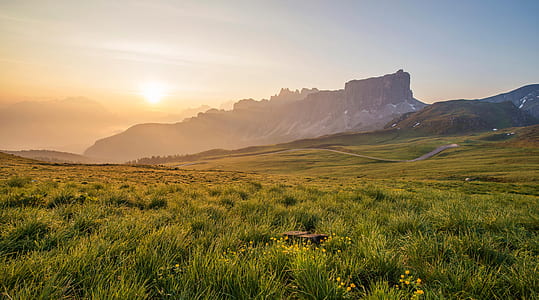 green grass field near mountain thumbnail