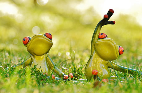 two green ceramic frogs figurines in shallow focus shot thumbnail
